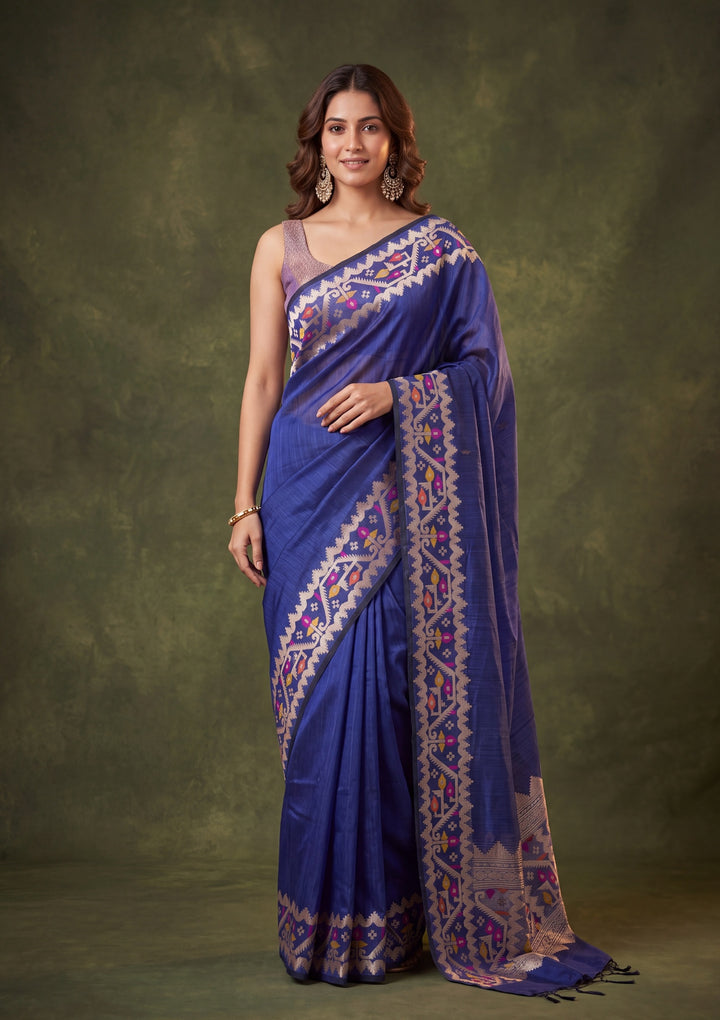 Royal Blue Silk Plain Saree With Matching Blouse Piece