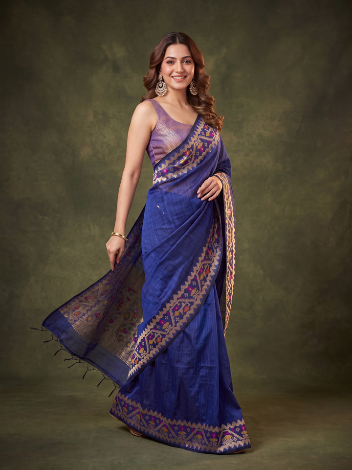 Royal Blue Silk Plain Saree With Matching Blouse Piece