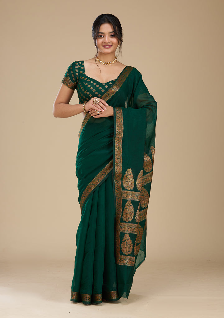 Bottle Green Woven Silk Saree With Matching Blouse Piece