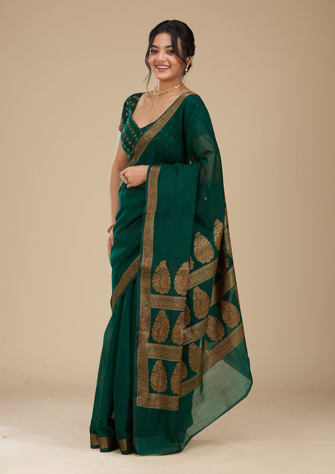 Bottle Green Woven Silk Saree With Matching Blouse Piece