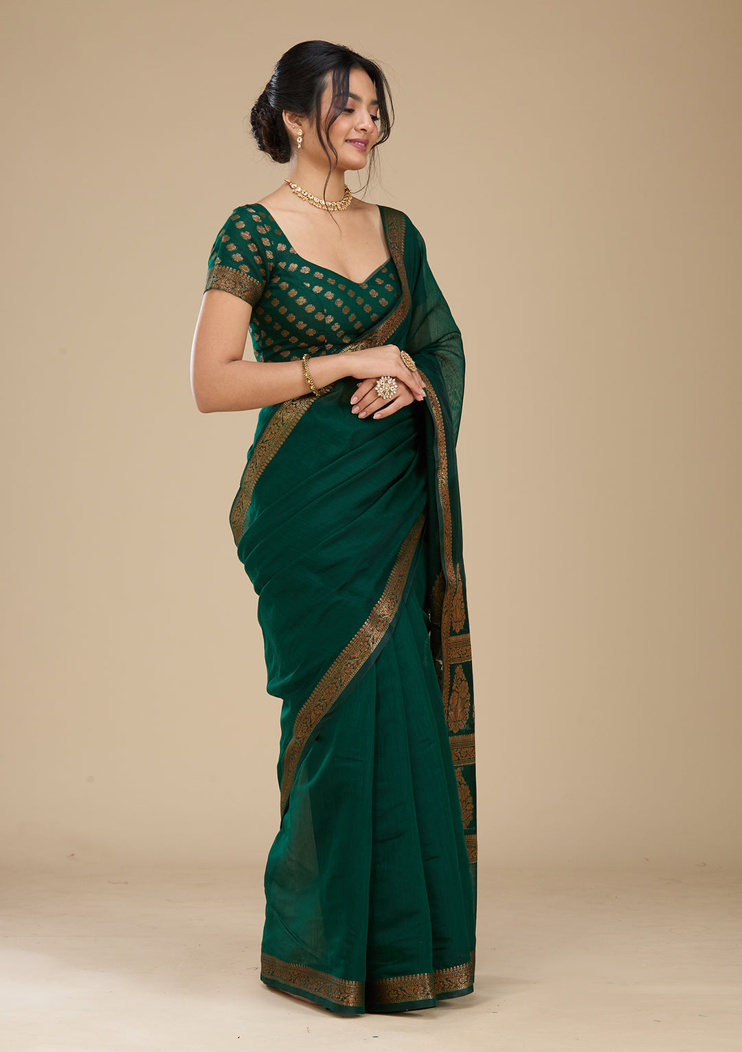 Bottle Green Woven Silk Saree With Matching Blouse Piece
