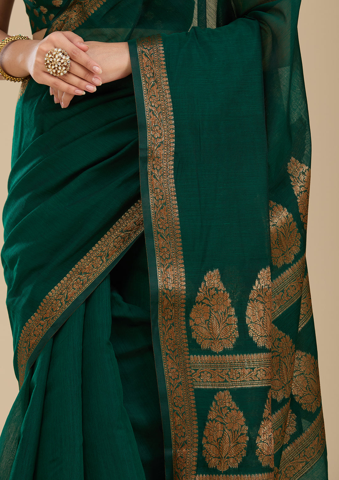 Bottle Green Woven Silk Saree With Matching Blouse Piece