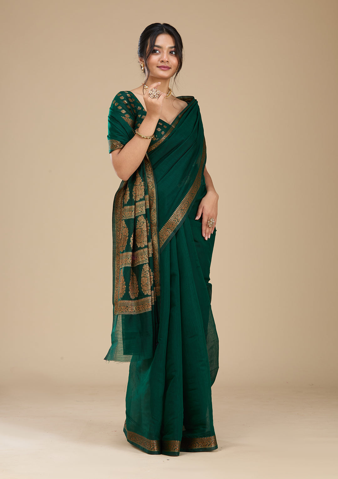 Bottle Green Woven Silk Saree With Matching Blouse Piece