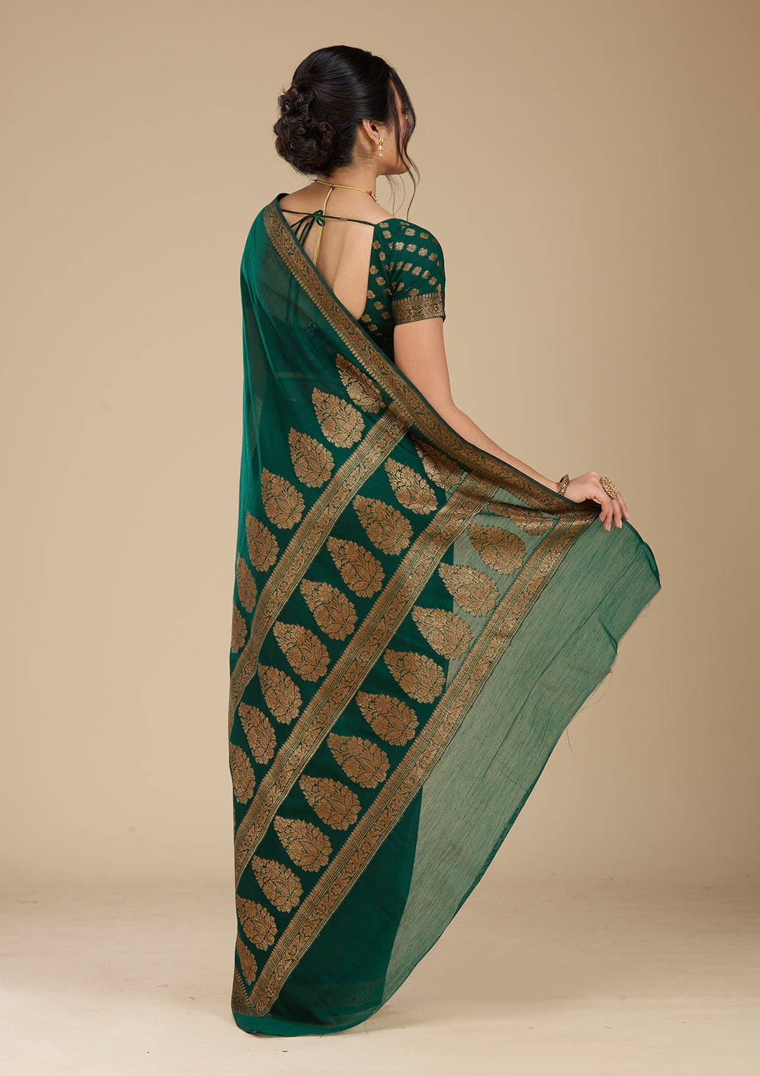 Bottle Green Woven Silk Saree With Matching Blouse Piece