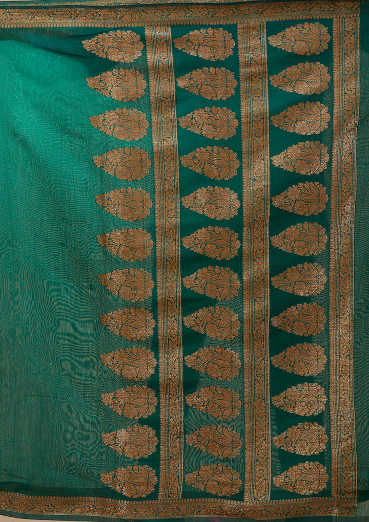 Bottle Green Woven Silk Saree With Matching Blouse Piece