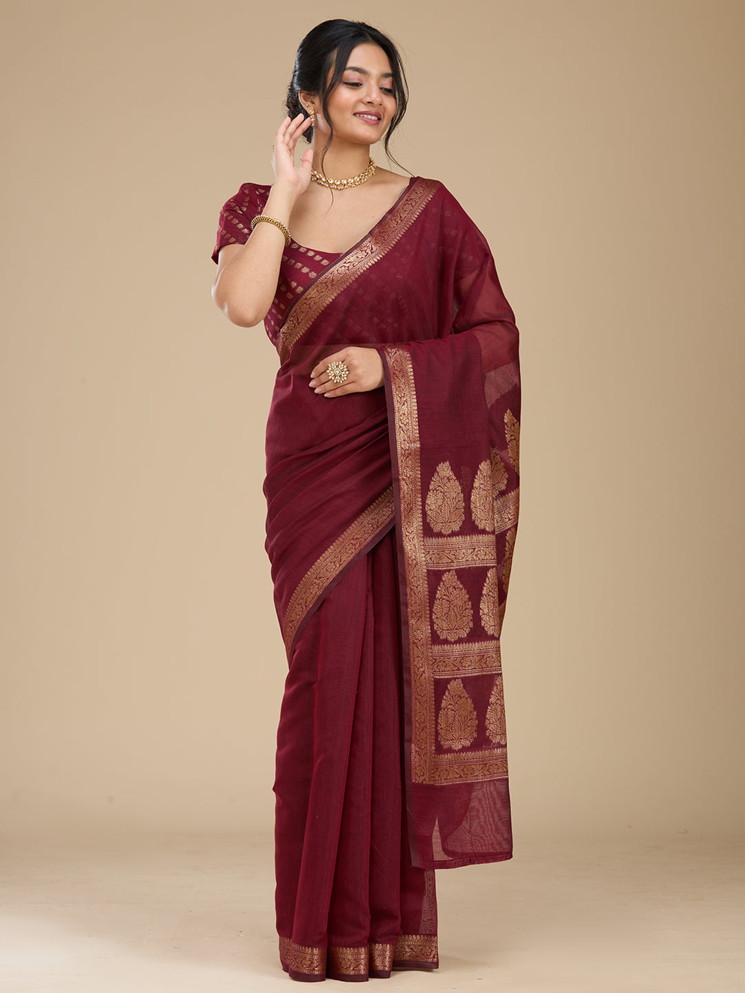 Maroon Woven Silk Saree With Matching Blouse Piece