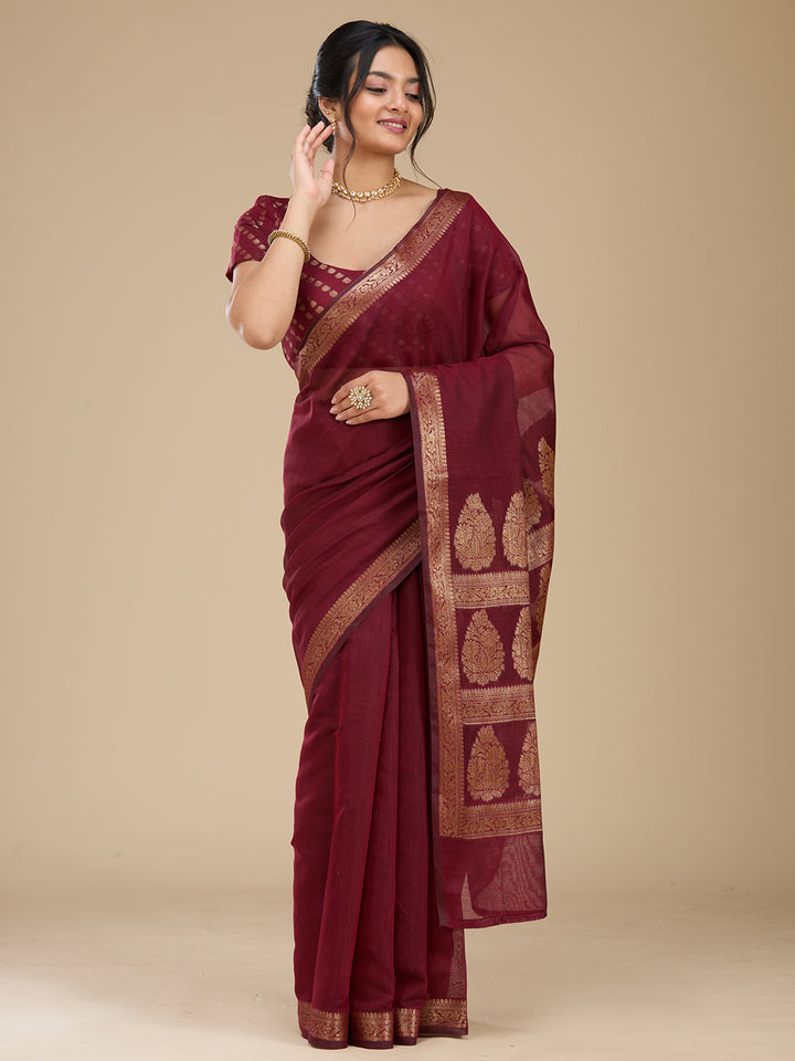 Maroon Woven Silk Saree With Matching Blouse Piece