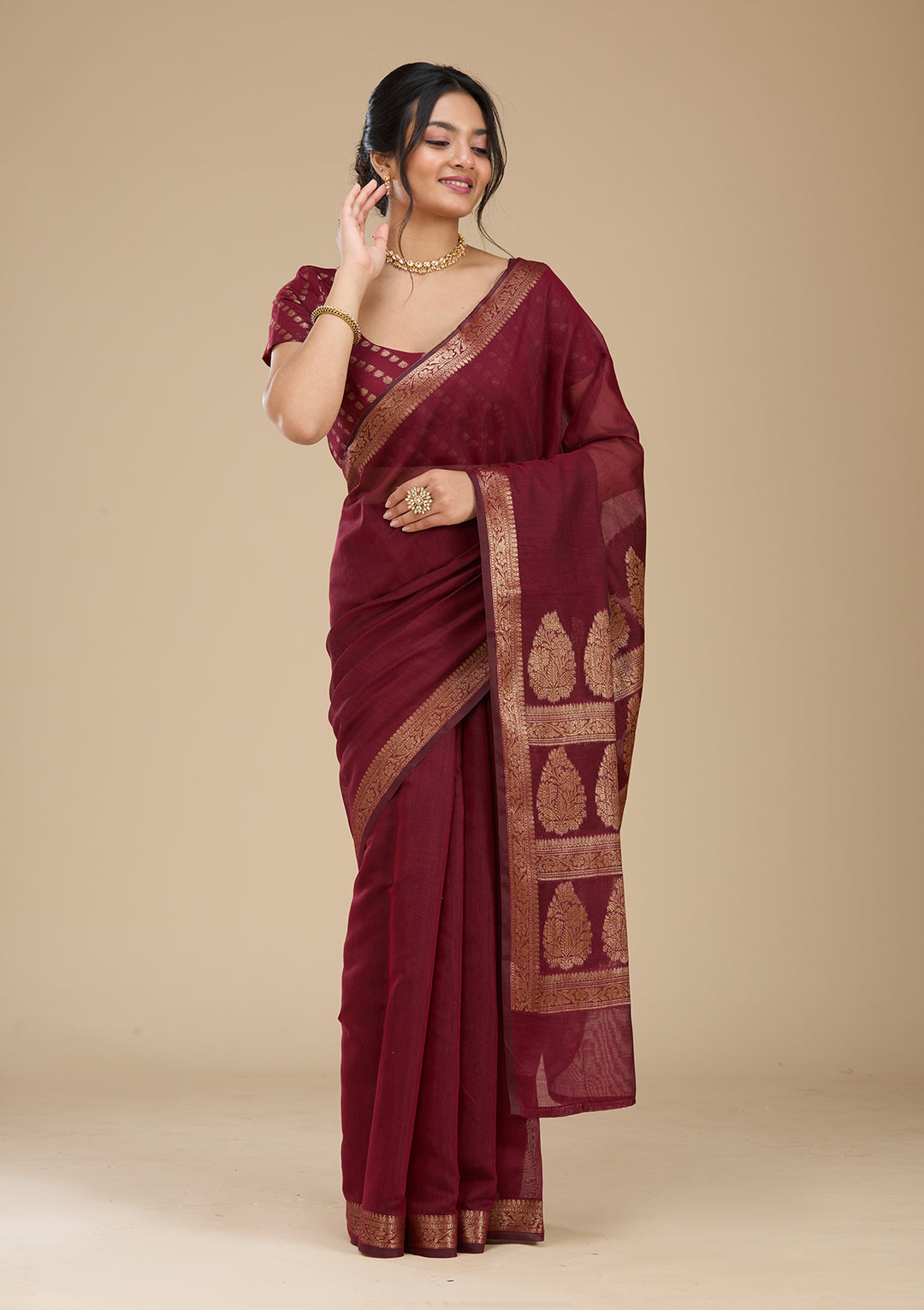 Red Banarasi Art Silk Saree With Matching Blouse Piece