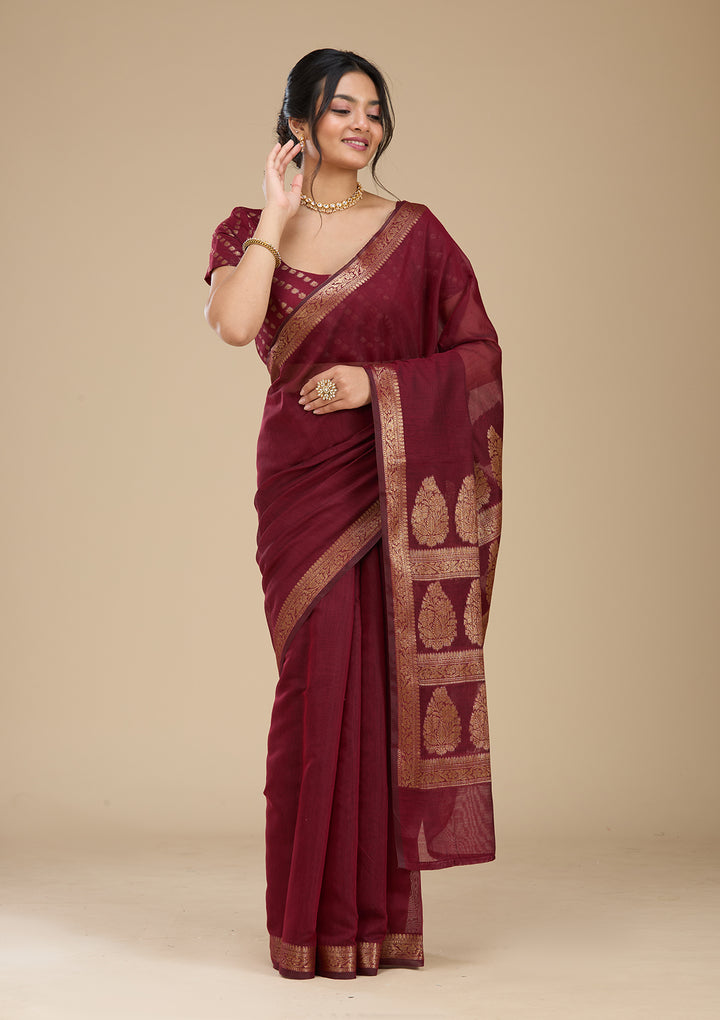 Red Banarasi Art Silk Saree With Matching Blouse Piece