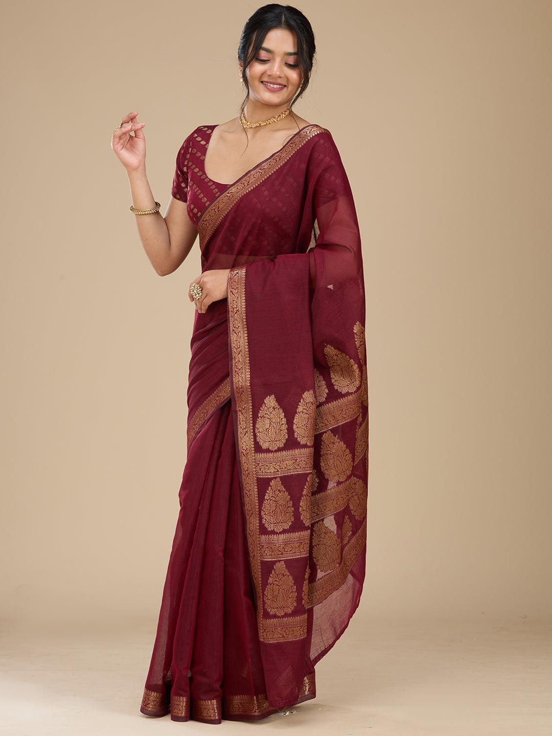 Maroon Woven Silk Saree With Matching Blouse Piece
