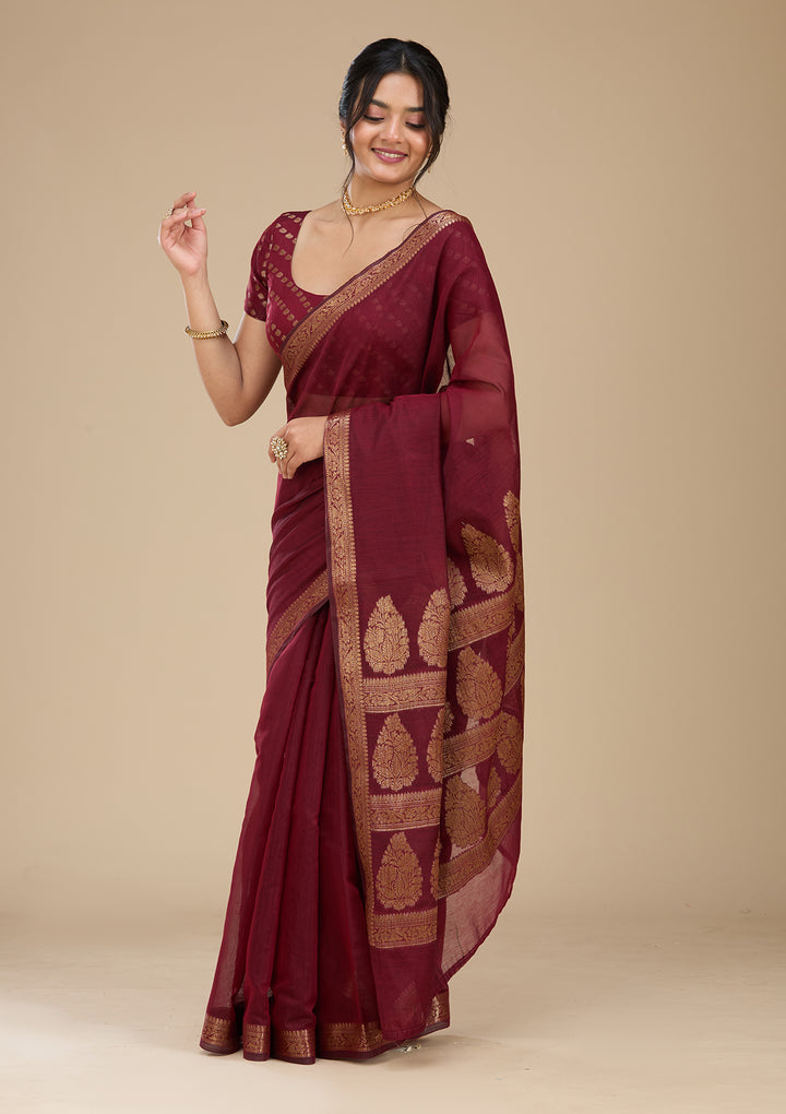 Red Banarasi Art Silk Saree With Matching Blouse Piece