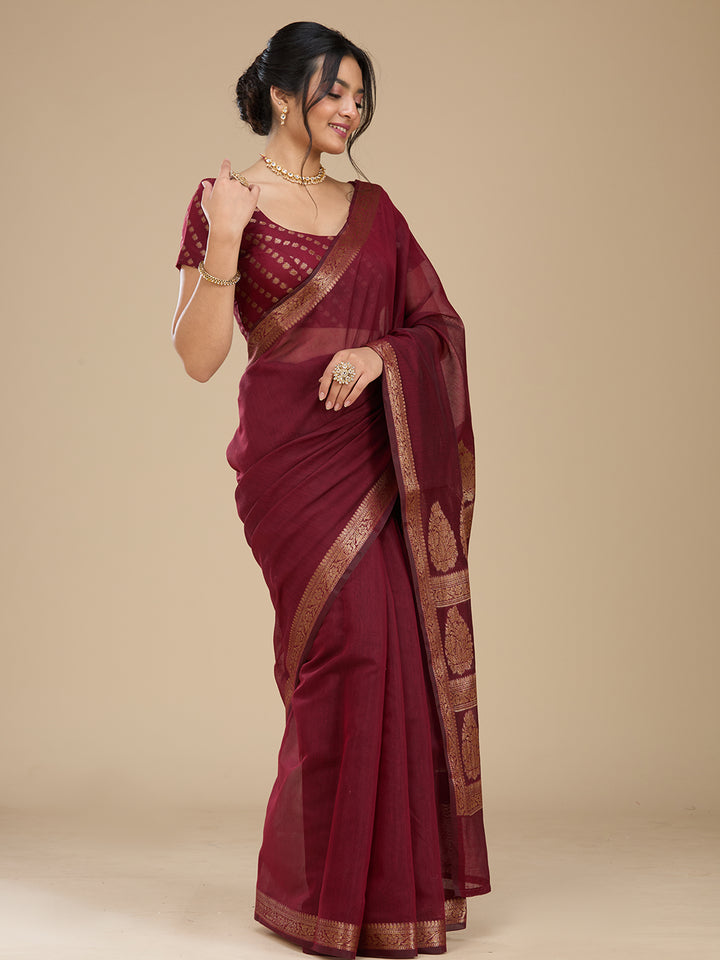 Maroon Woven Silk Saree With Matching Blouse Piece