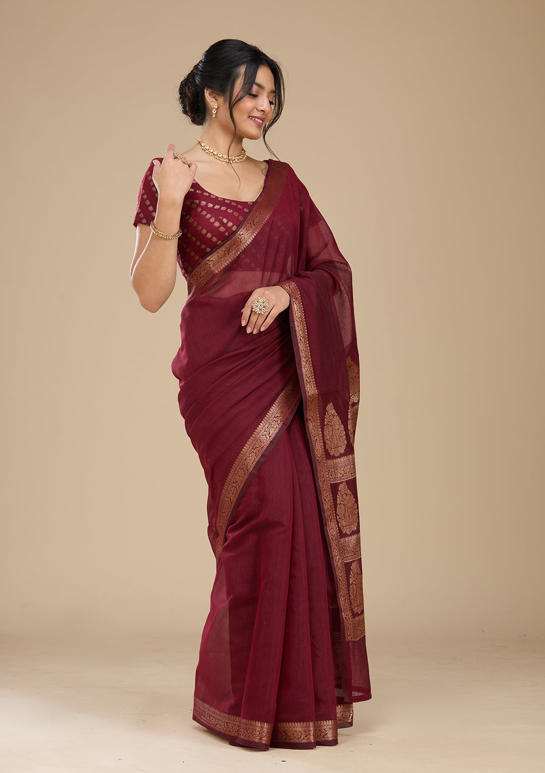 Red Banarasi Art Silk Saree With Matching Blouse Piece
