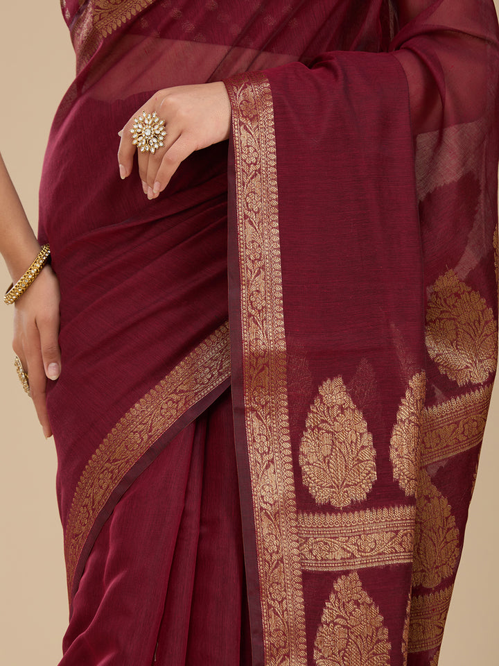 Maroon Woven Silk Saree With Matching Blouse Piece