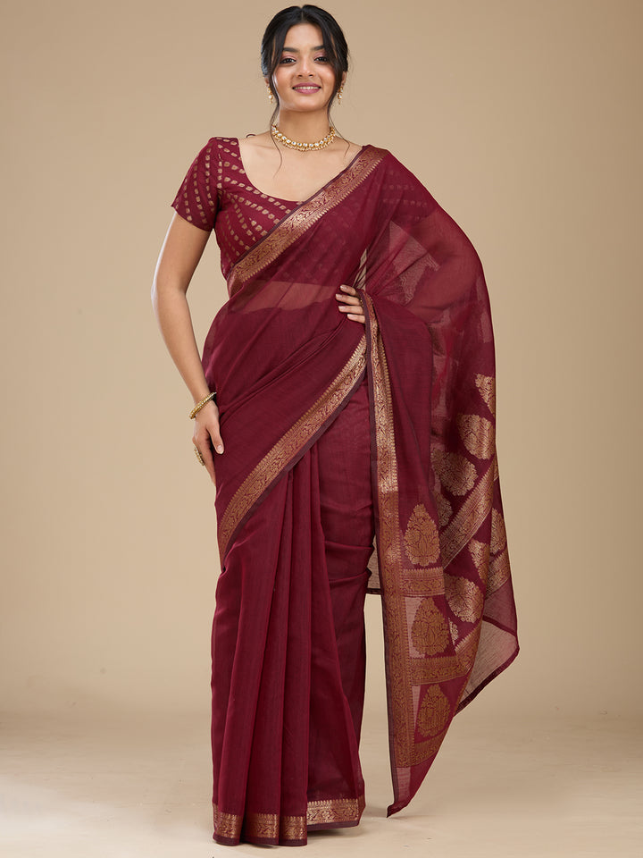Maroon Woven Silk Saree With Matching Blouse Piece