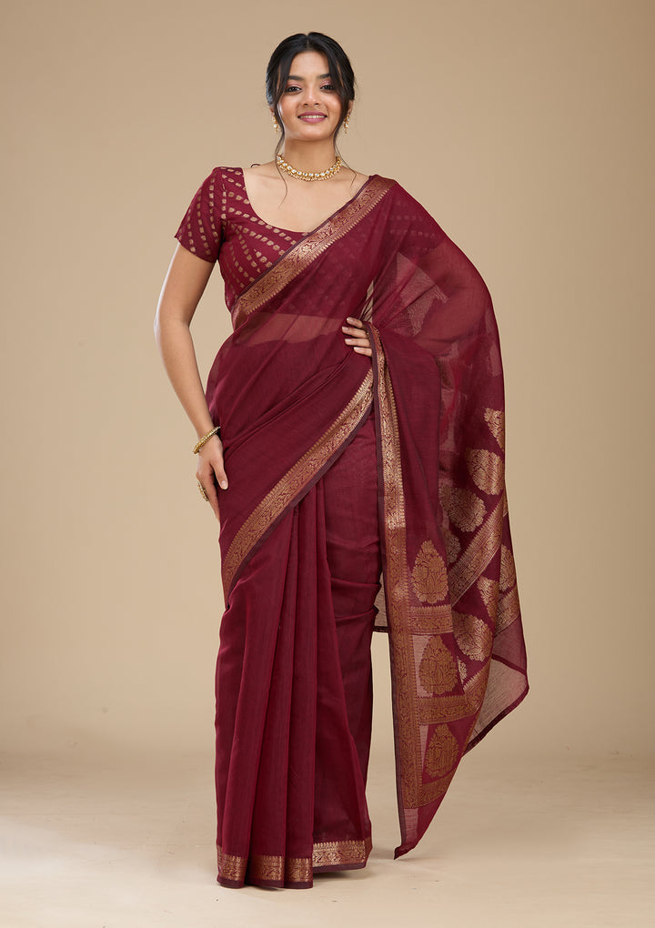 Red Banarasi Art Silk Saree With Matching Blouse Piece