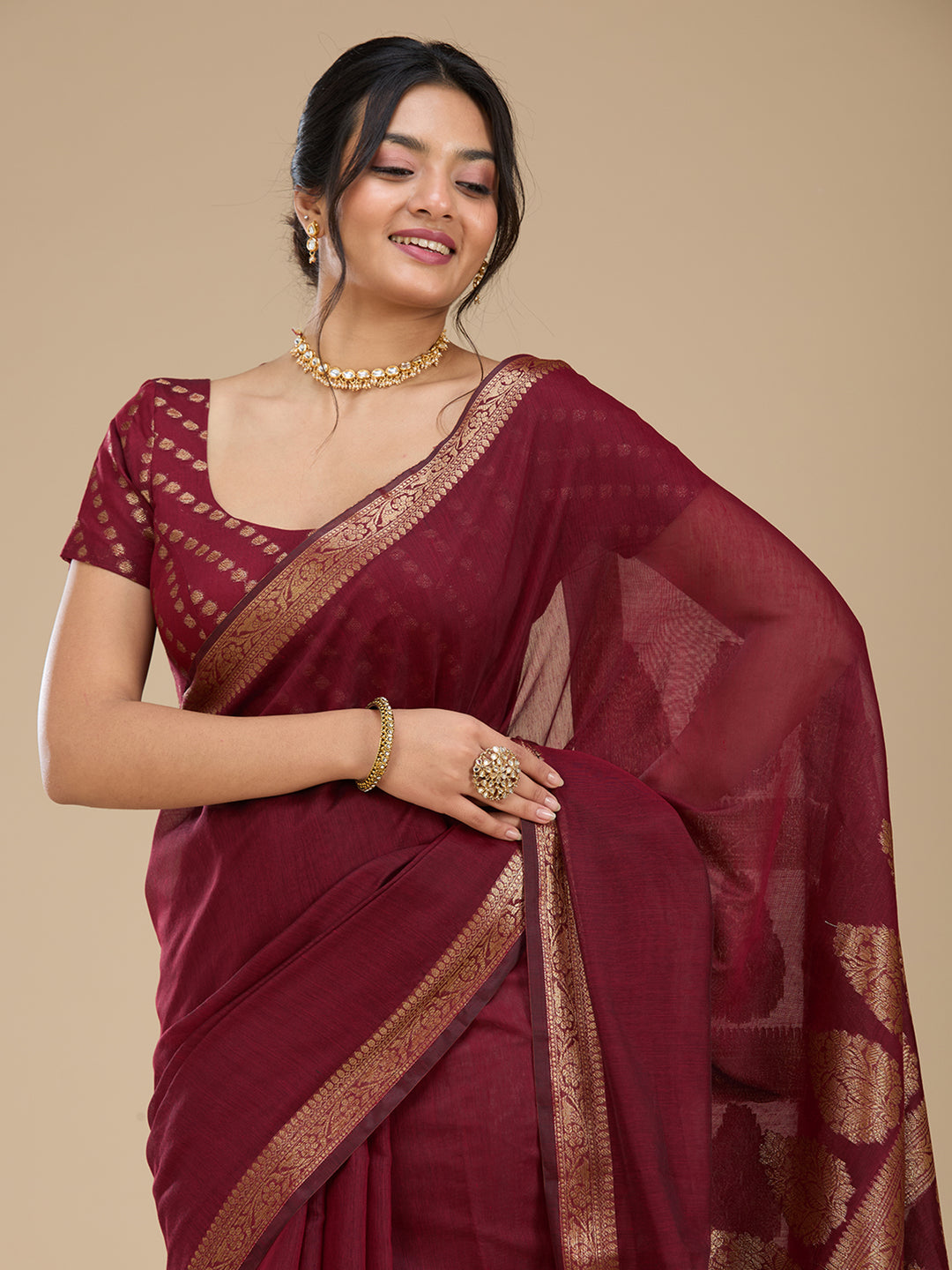 Maroon Woven Silk Saree With Matching Blouse Piece