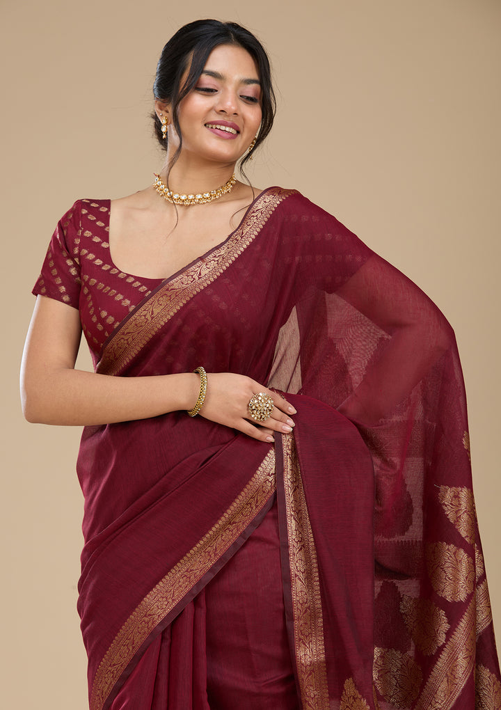 Red Banarasi Art Silk Saree With Matching Blouse Piece