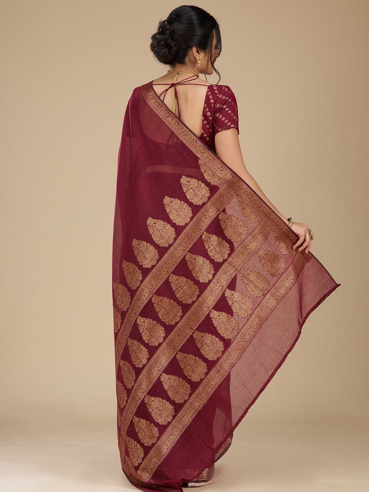Maroon Woven Silk Saree With Matching Blouse Piece