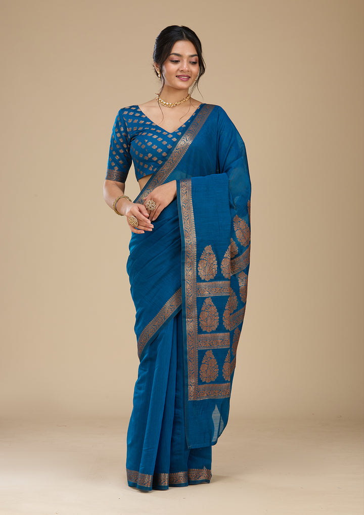 Peacock Blue Banarasi Silk Saree With Matching Blouse Piece