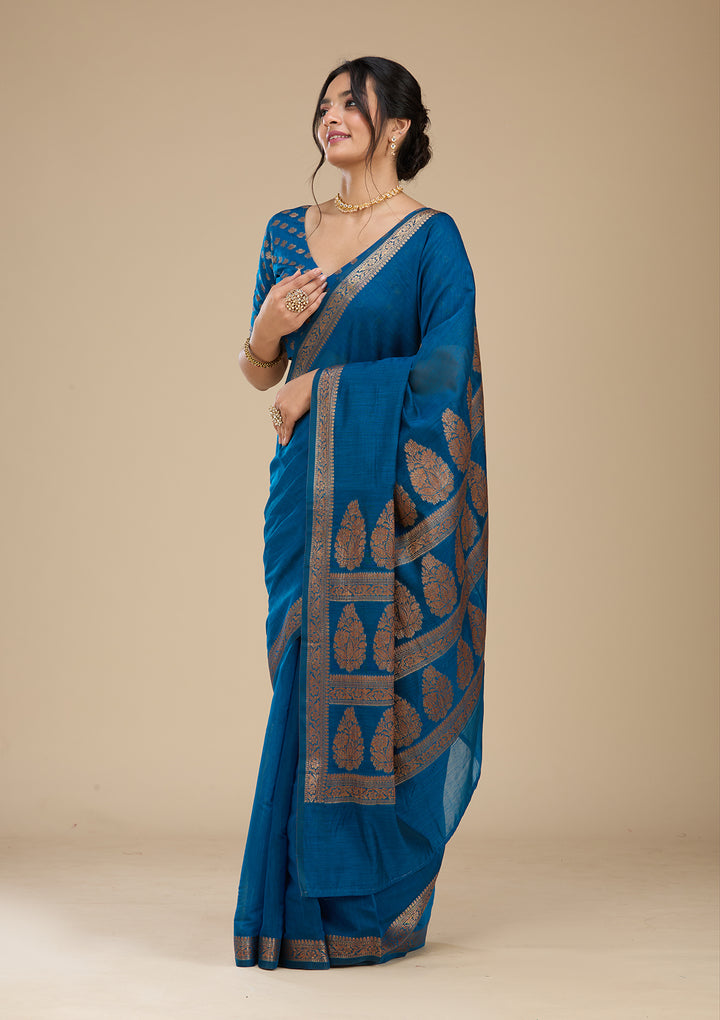 Peacock Blue Banarasi Silk Saree With Matching Blouse Piece