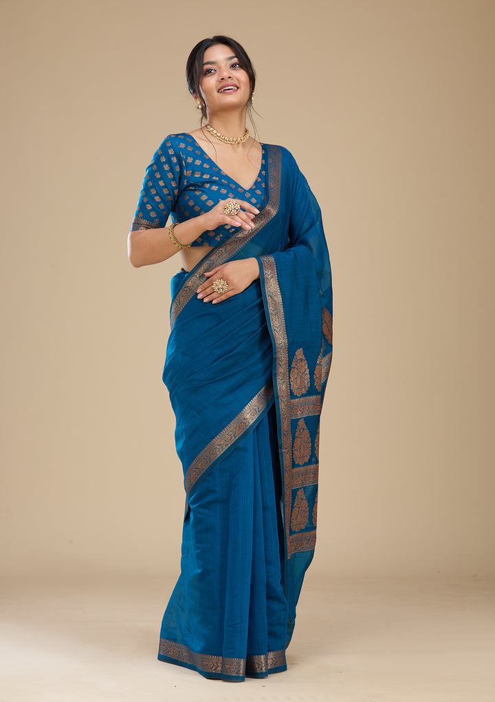 Peacock Blue Banarasi Silk Saree With Matching Blouse Piece