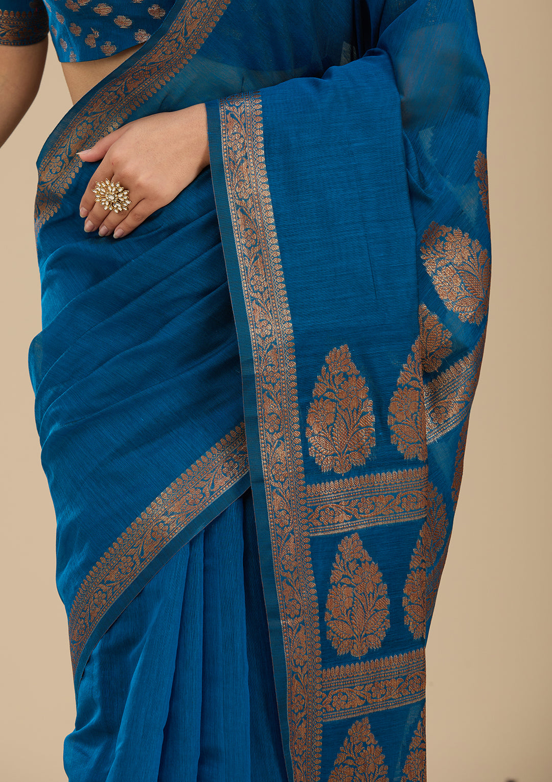 Peacock Blue Banarasi Silk Saree With Matching Blouse Piece
