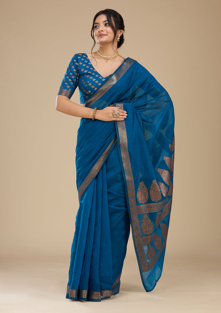 Peacock Blue Banarasi Silk Saree With Matching Blouse Piece