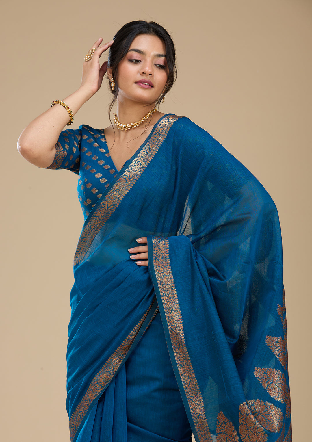 Peacock Blue Banarasi Silk Saree With Matching Blouse Piece
