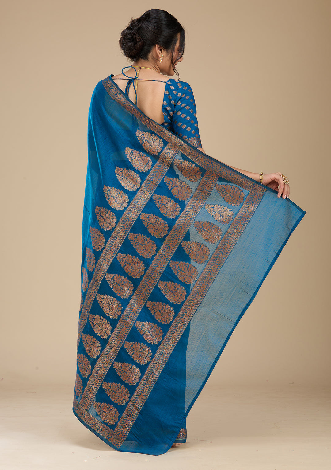 Peacock Blue Banarasi Silk Saree With Matching Blouse Piece