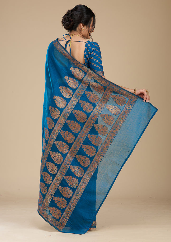 Peacock Blue Banarasi Silk Saree With Matching Blouse Piece