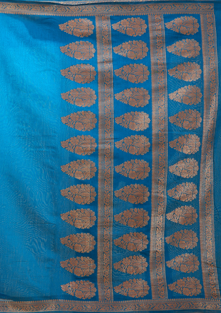 Peacock Blue Banarasi Silk Saree With Matching Blouse Piece