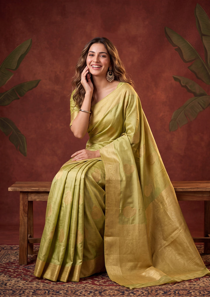 Pista Green Tissue Kanjivaram Buti Saree With Matching Blouse Piece