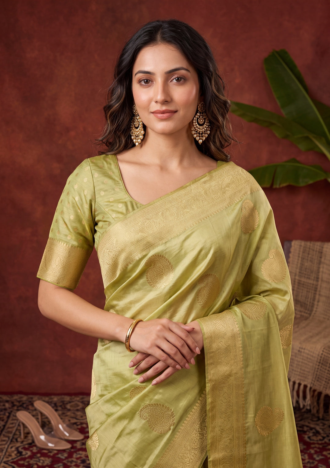 Pista Green Tissue Kanjivaram Buti Saree With Matching Blouse Piece