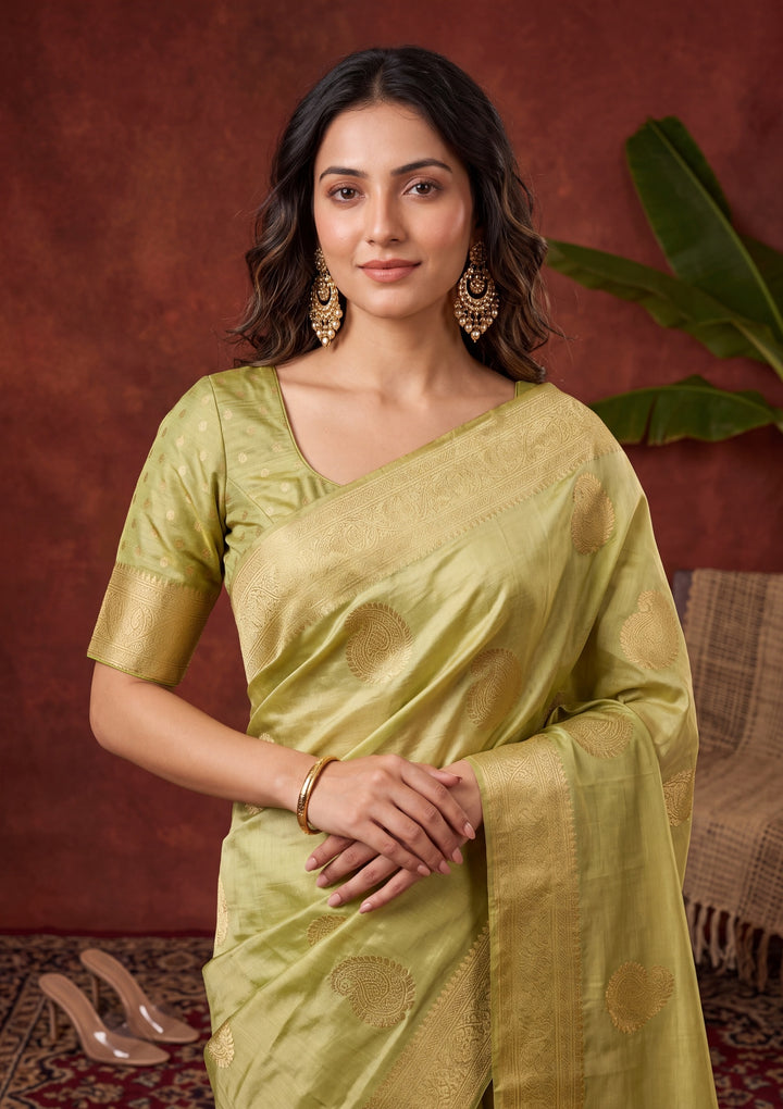 Pista Green Tissue Kanjivaram Buti Saree With Matching Blouse Piece