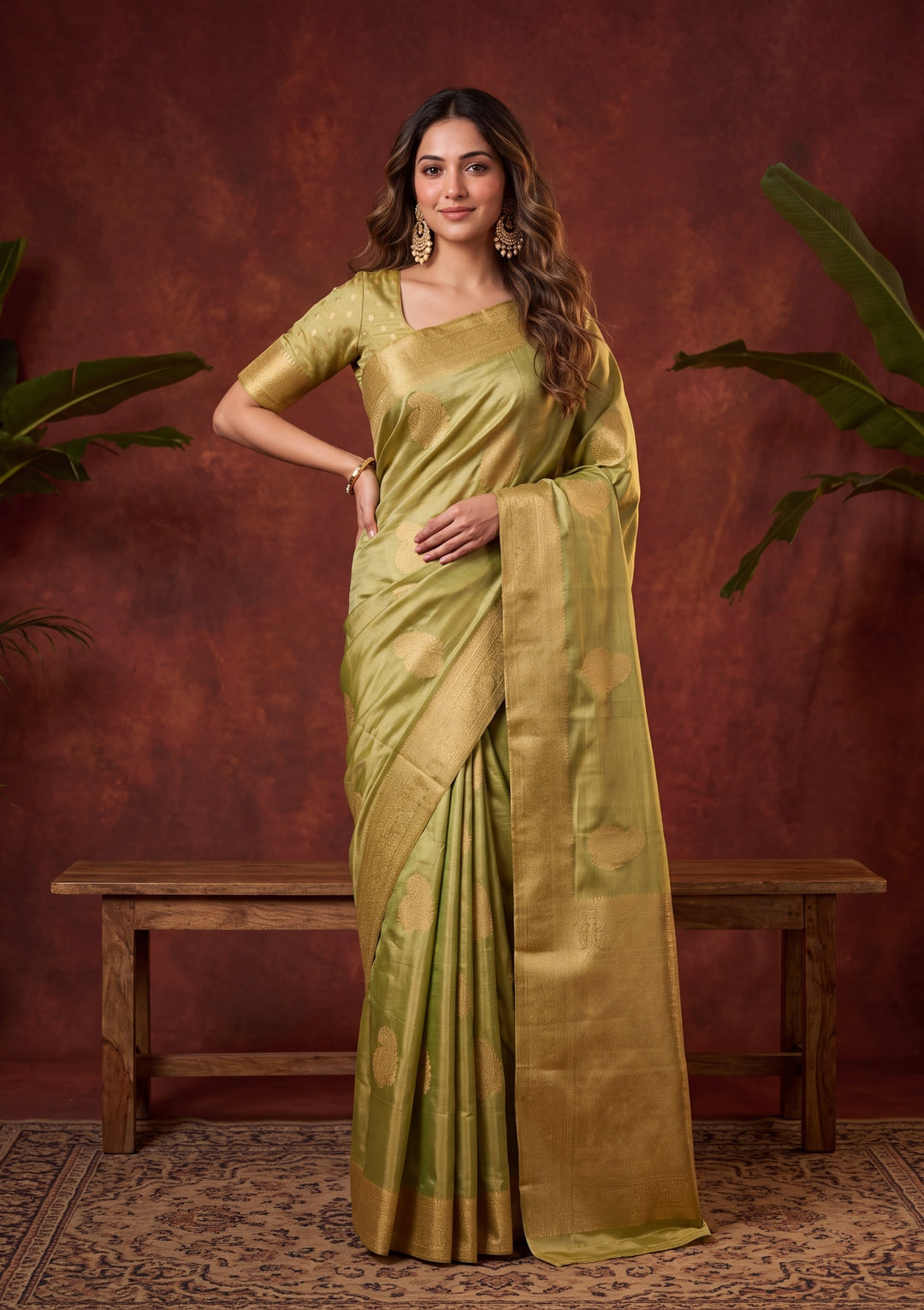 Pista Green Tissue Kanjivaram Buti Saree With Matching Blouse Piece