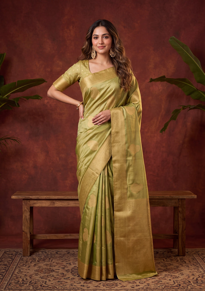 Pista Green Tissue Kanjivaram Buti Saree With Matching Blouse Piece