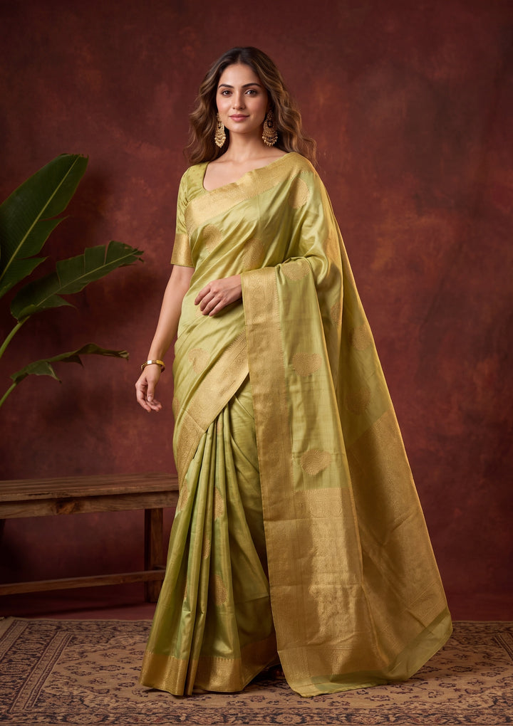 Pista Green Tissue Kanjivaram Buti Saree With Matching Blouse Piece
