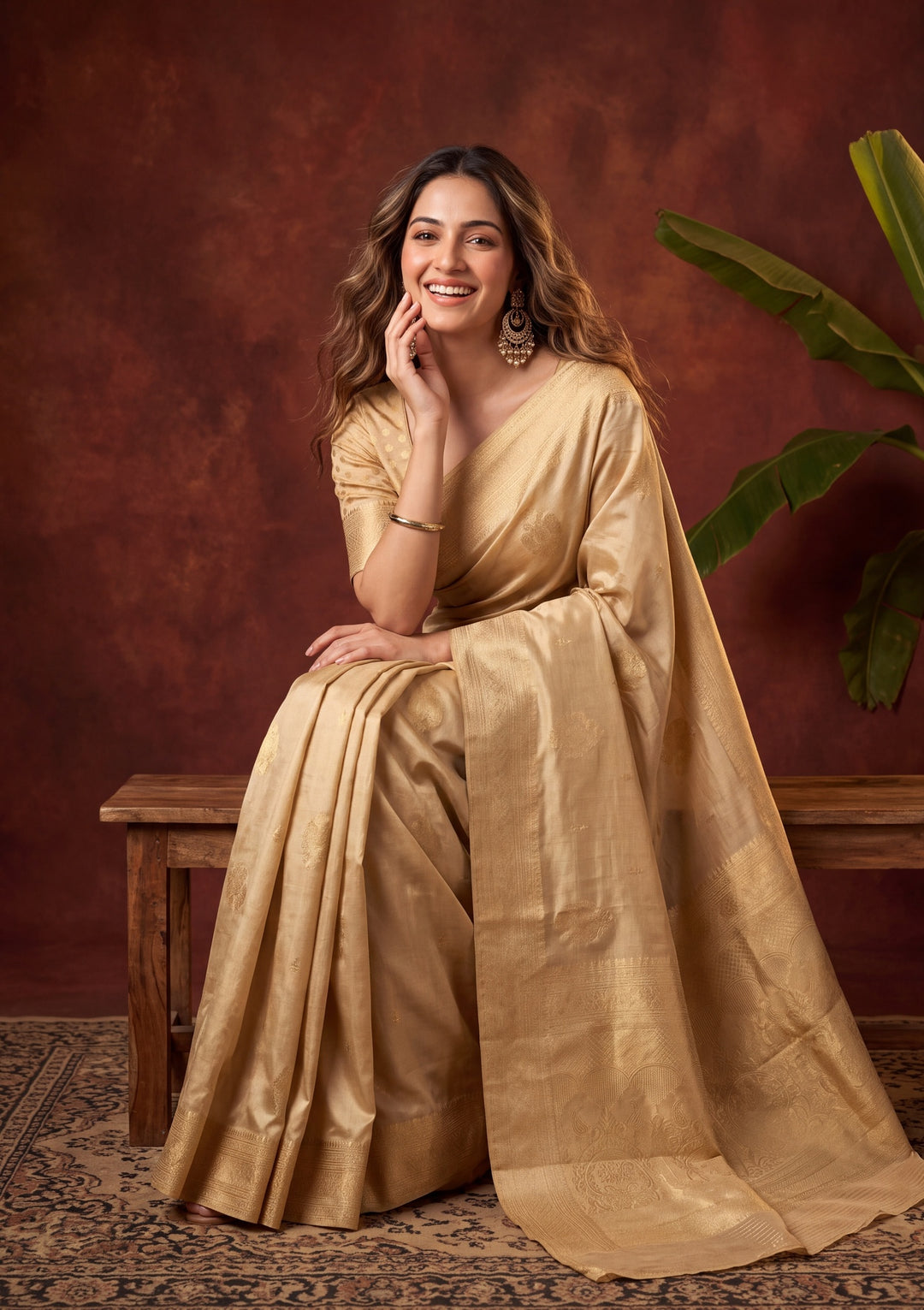 Beige Art Silk Kanjivaram Jaal Saree With Matching Blouse Piece