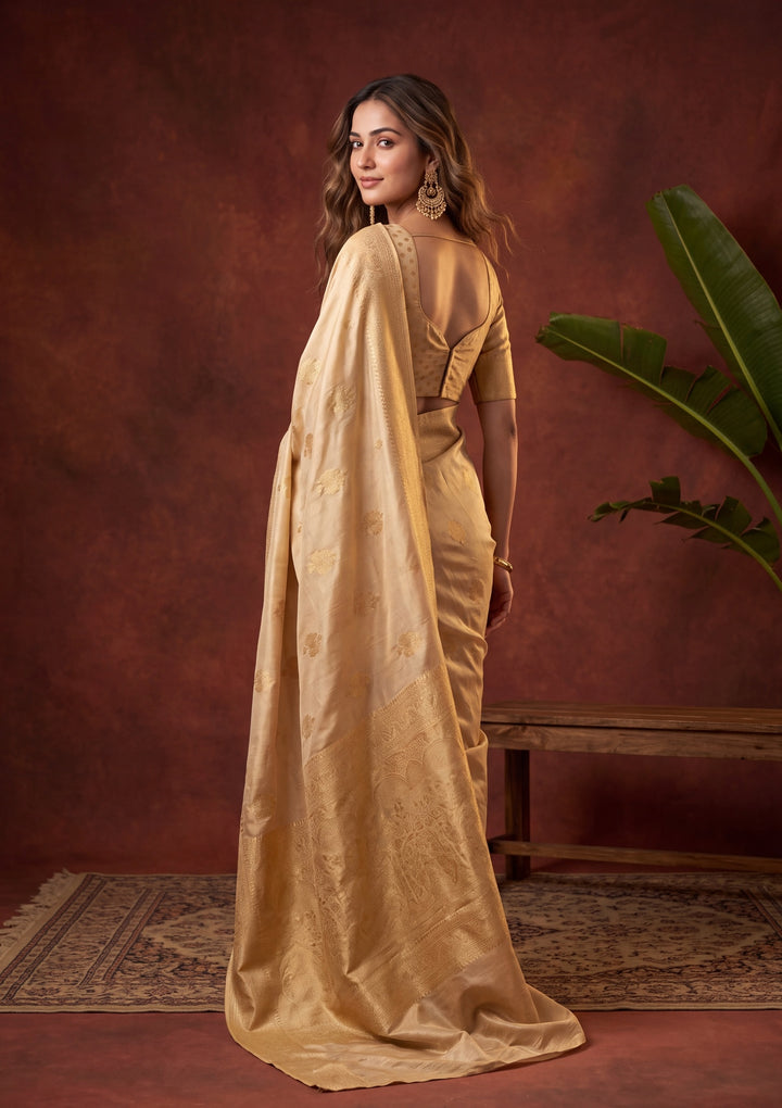 Beige Art Silk Kanjivaram Jaal Saree With Matching Blouse Piece