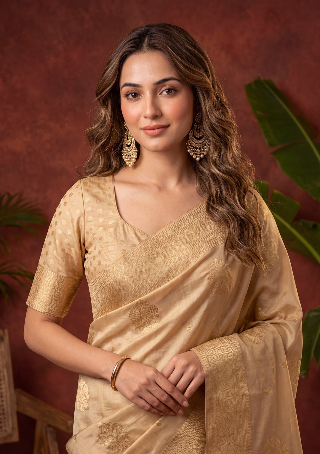 Beige Art Silk Kanjivaram Jaal Saree With Matching Blouse Piece