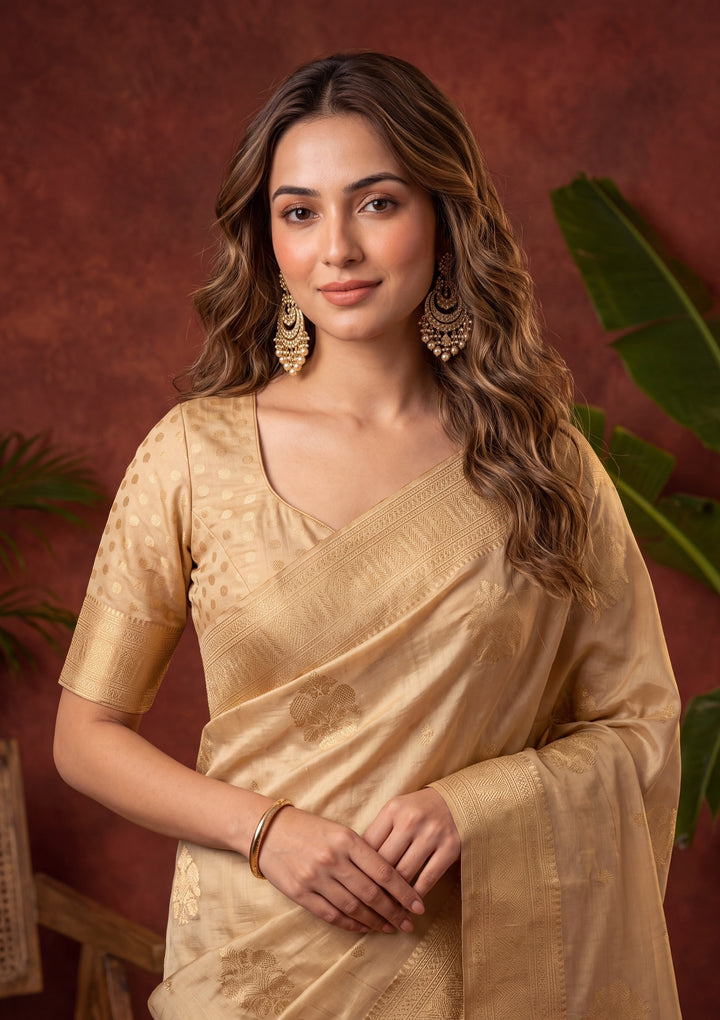 Beige Art Silk Kanjivaram Jaal Saree With Matching Blouse Piece