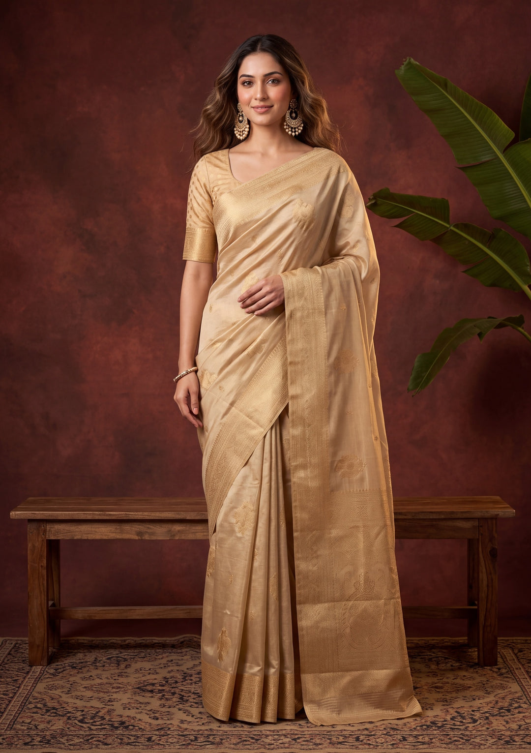 Beige Art Silk Kanjivaram Jaal Saree With Matching Blouse Piece