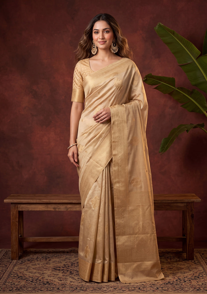 Beige Art Silk Kanjivaram Jaal Saree With Matching Blouse Piece