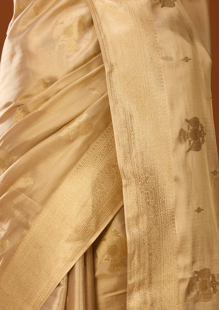 Beige Art Silk Kanjivaram Jaal Saree With Matching Blouse Piece
