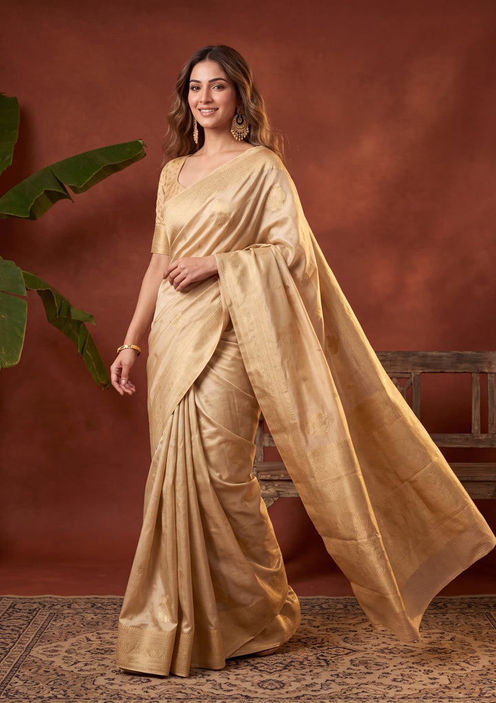 Beige Art Silk Kanjivaram Jaal Saree With Matching Blouse Piece