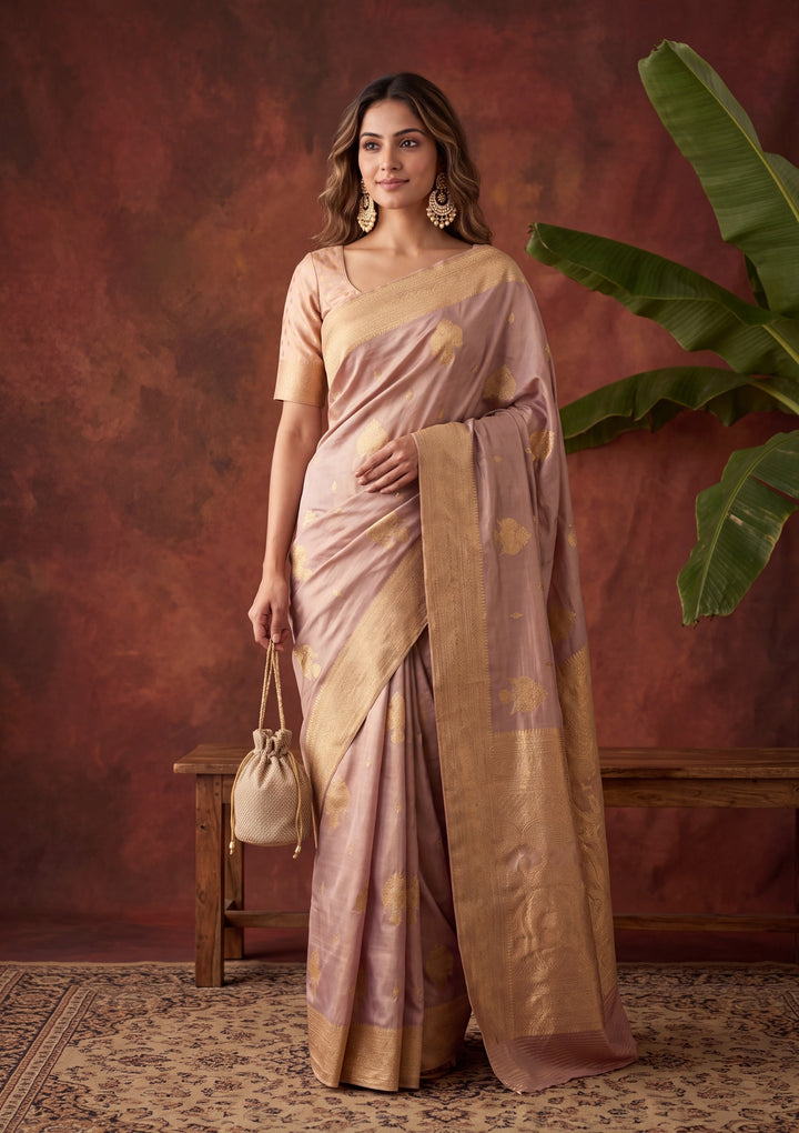 Lavender Art Silk Kanjivaram Jaal Saree With Matching Blouse Piece