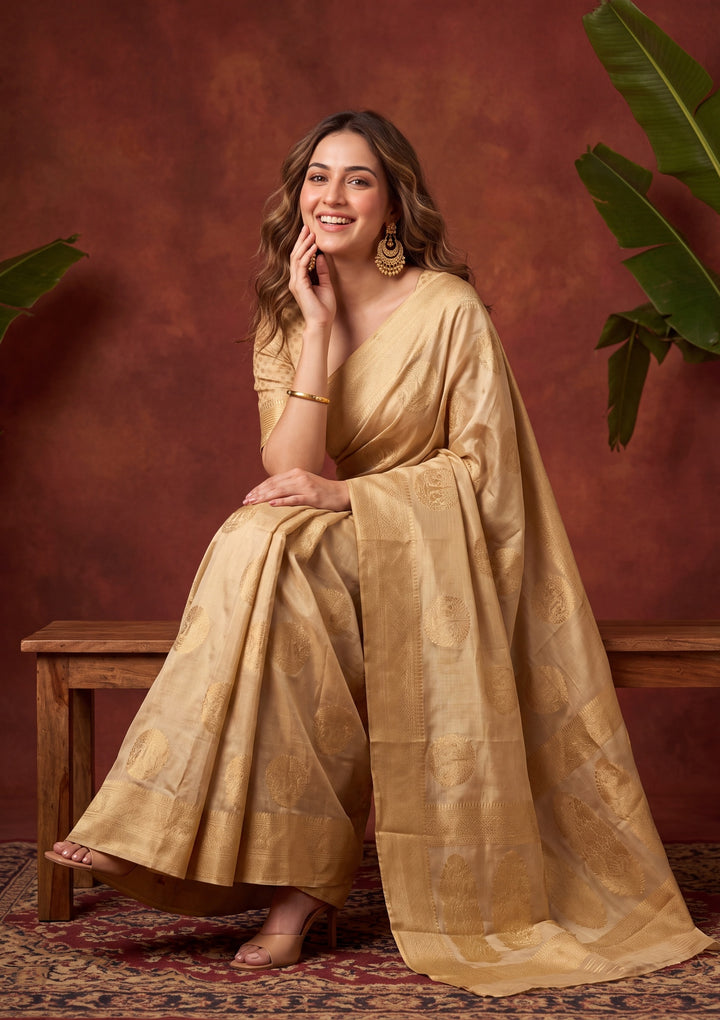Beige Art Silk Kanjivaram Jaal Saree With Matching Blouse Piece