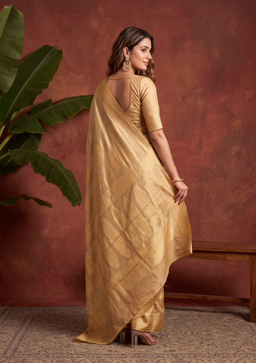 Beige Art Silk Kanjivaram Jaal Saree With Matching Blouse Piece