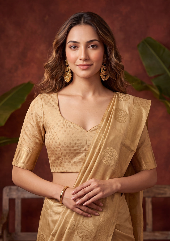 Beige Art Silk Kanjivaram Jaal Saree With Matching Blouse Piece